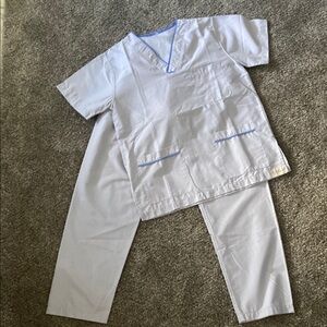 Women’s light gray Scrub Set with Blue Trim